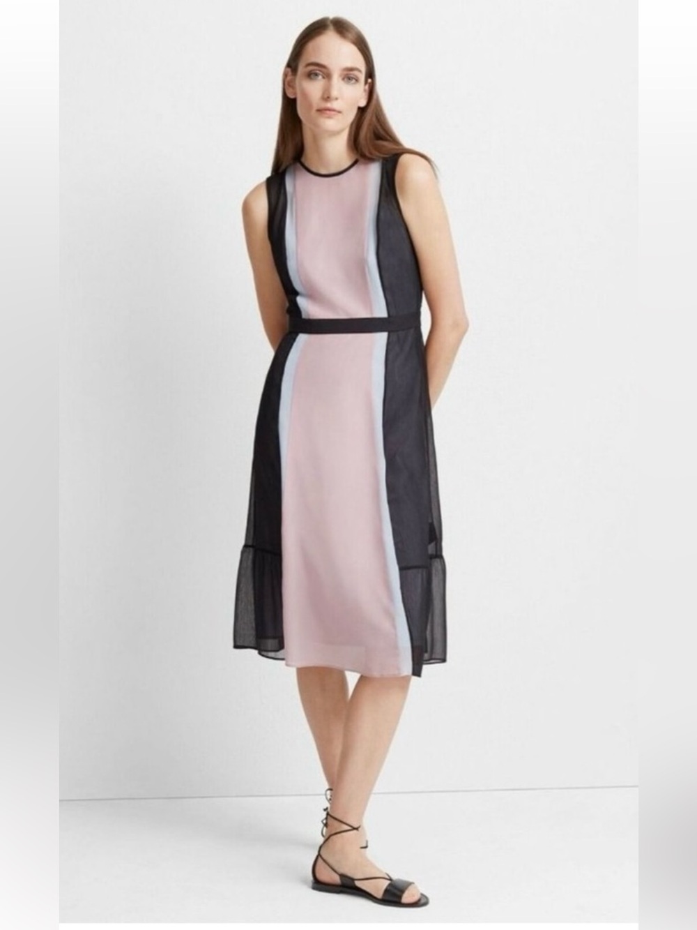Club Monaco Silk Sleeveless Colorblock Midi Dress in Pink, Black and Light Blue.